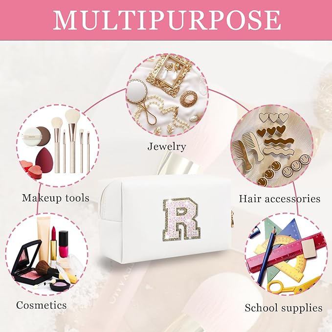 Personalized Initial Letter Makeup Bag, Small Glitter Letter Patch Cosmetic Pouch Zipper, Preppy Makeup Organizer PU Waterproof Travel Toiletry Bag,Monogrammed Birthday Gift for Women Girls(Letter R)