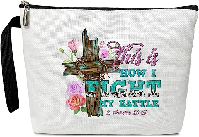 BSNZZIO Christian Cosmetic Bag for Women, Floral Cross Makeup Bag Gifts for Friend Mother Coworker Travel Essentials Purse Toiletry Pouch Cosmetic Bag with Zipper(This is How I Fight my battle)