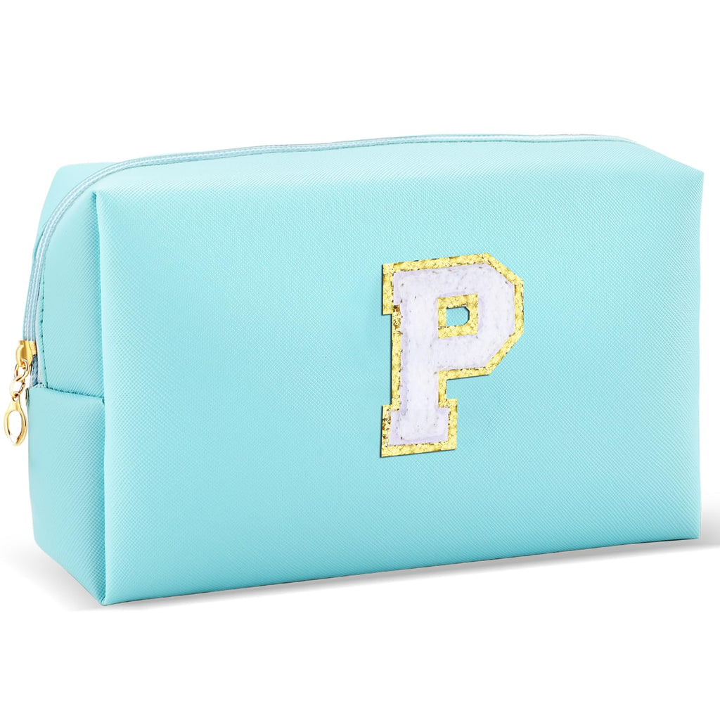 URSKYTOUS Gifts for Girls Initial Makeup Bag Personalized Cosmetic Bag with Zipper Cute Travel Toiletry Bag Waterproof PU Preppy Makeup Pouch Birthday Gift for Teen Girls Women(Blue P)