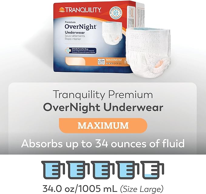 Tranquility Premium OverNight Disposable Absorbent Underwear (72 Count) - M, 34-48 in. Waist - Maximum Absorbency, All-Night Sleep, Breathable Comfort, 72 Adult Diapers