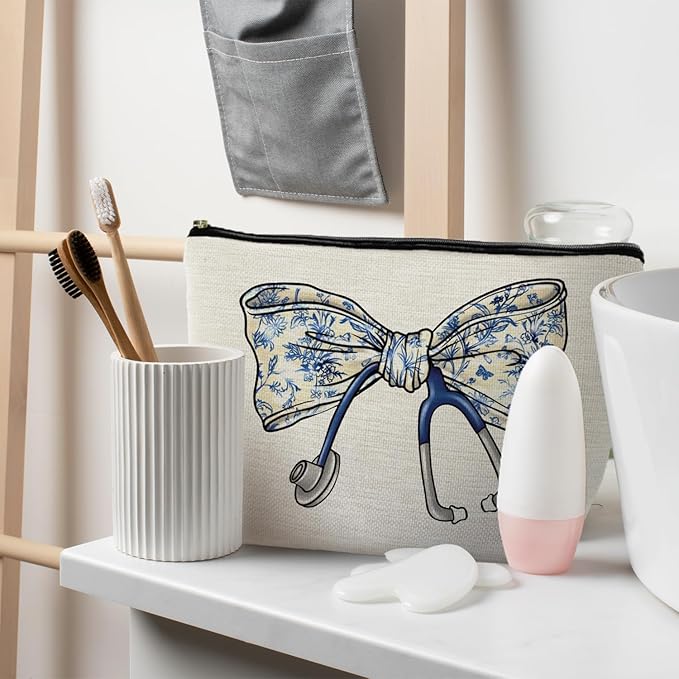 RYYCDOI Chinoiserie Coquette Bow Stethoscope Nurse Makeup Bag, Nurse Gifts for Women Cosmetic Bags, Nurse Week Gifts Makeup Pouch, Nurse Appreciation Gifts Zipper Pouch