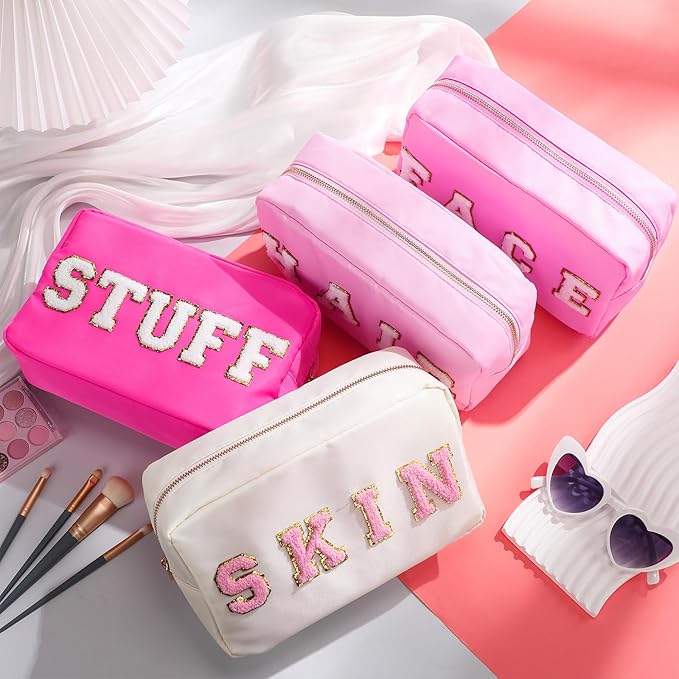 Remerry 4 Pcs Nylon Makeup Bags Waterproof Spacious Travel Cosmetic Bag for Women Chenille Letter Preppy Zipper Pouch Face Stuff Skin Hair Organizer Gift(Rose Red, Pink, Light Pink, White)