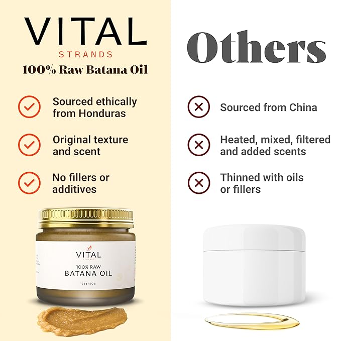 Vital Strands 100% Organic Raw Batana Oil for Hair Growth – Strengthens Hair, Reduces Breakage, Enhances Shine – Pure, Non-Greasy – No Silicones, Sulfates, or Parabens – All Hair Types – 2oz Glass Jar