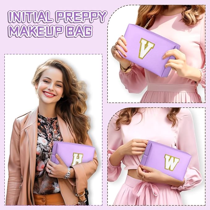 TOPEAST Preppy Small Makeup Bag, Chenille Letter Pouch Cosmetic Bag With Zipper, PU Leather Waterproof Toiletry Bag, Personalized Birthday Gift for Women, Cute Stuff for Girls (Purple D)