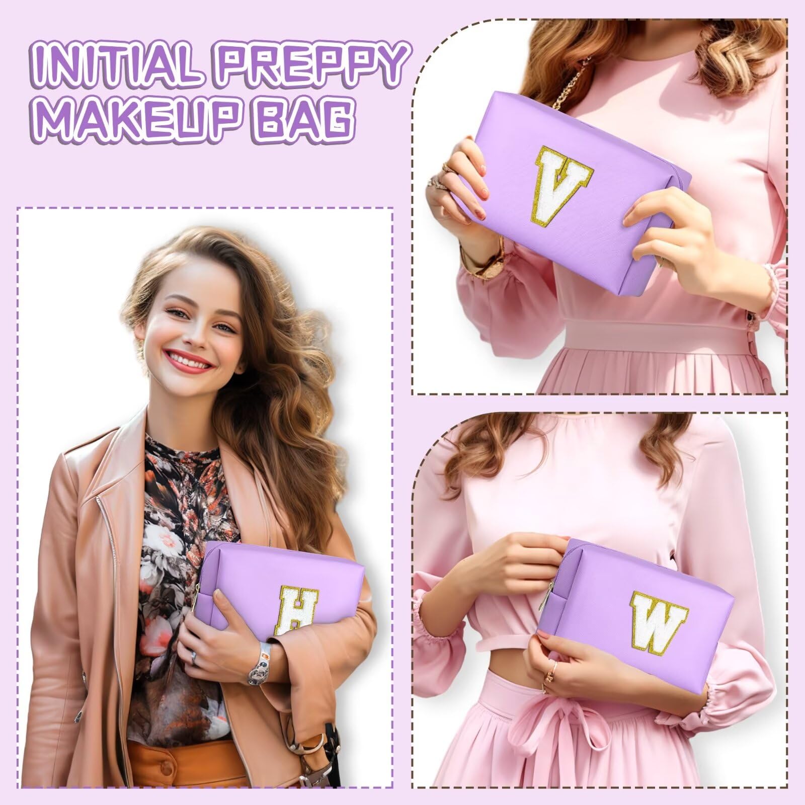 TOPEAST Initial Makeup Bag for Travel, Chenille Letter Pouch Cosmetic Bag, PU Leather Waterproof Toiletry Bag, Personalized Gifts for Bride Bridemaids, Cute Things for Girls (Purple Q)