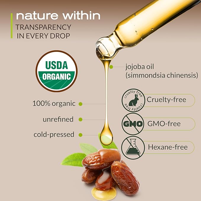 Organic Jojoba Oil, 100% Pure Cold-Pressed for Face, Skin & Hair, 4 Oz