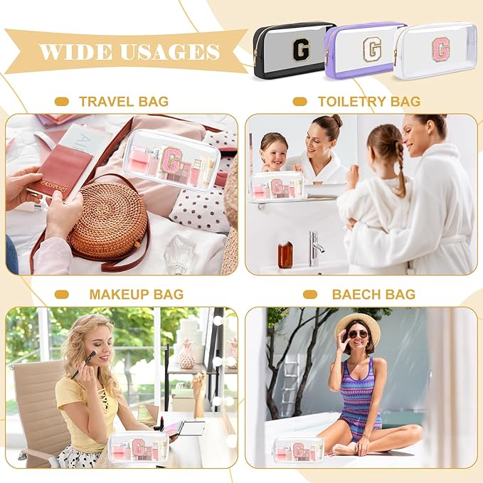 Personalized Initial Letter Clear Preppy Cosmetic Bag, Travel Toiletry Bag, Clear Nylon & PVC, Adult Female Women's Cosmetic Case