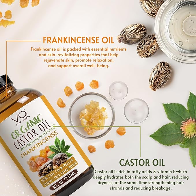 Organic Castor Oil with Frankincense Oil 8oz Glass Bottle For Face & Hair