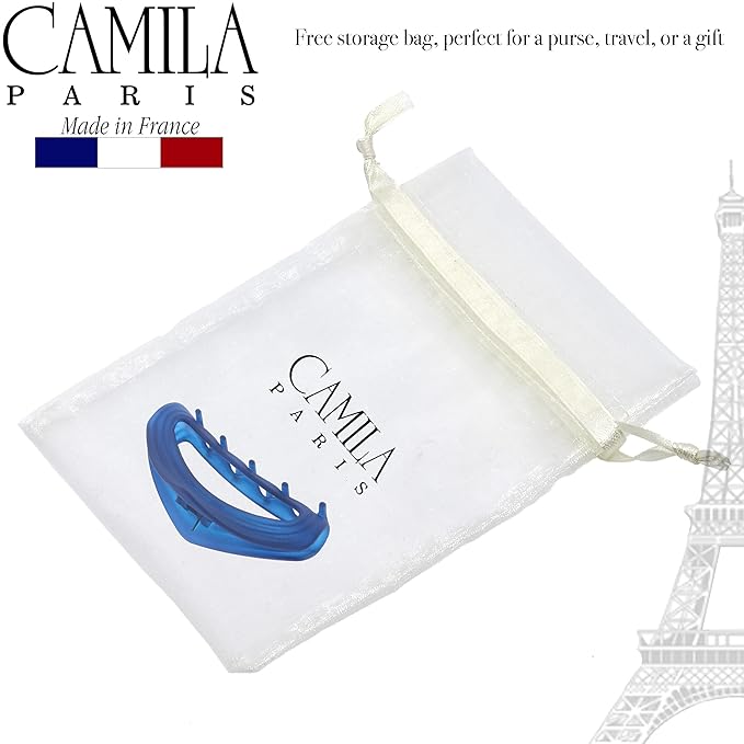 Camila Paris CP3532 French Hair Clips for Women, 3" Blue, Medium Claw Clip Strong Hold All Day, No Damage No Slip Claw Clips for Thick Curly Wavy Fine Straight Hair, Jaw Clip Made in France