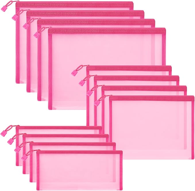 Sinzip 12 Pieces Zipper Nylon Mesh Pouch, Mesh Cosmetic Bags Makeup Bags Pencil Case, Multipurpose Travel Bags for Cosmetic School Office Supplies and Travel Accessories (Hot Pink, Assorted Sizes)