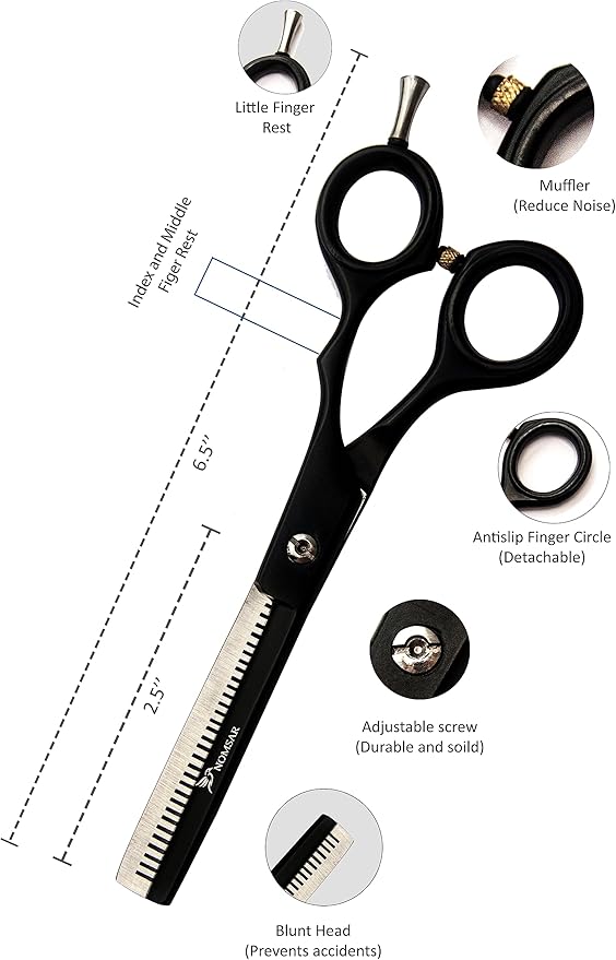 NOMSAR Professional Hair Cutting Scissors Kit, Sharp Fine Blades, Premium Stainless Steel Hairdressing Shears, Haircut Beard Trimming Grooming Set for Barber Salon Home Men Women Pets (Black-Silver)