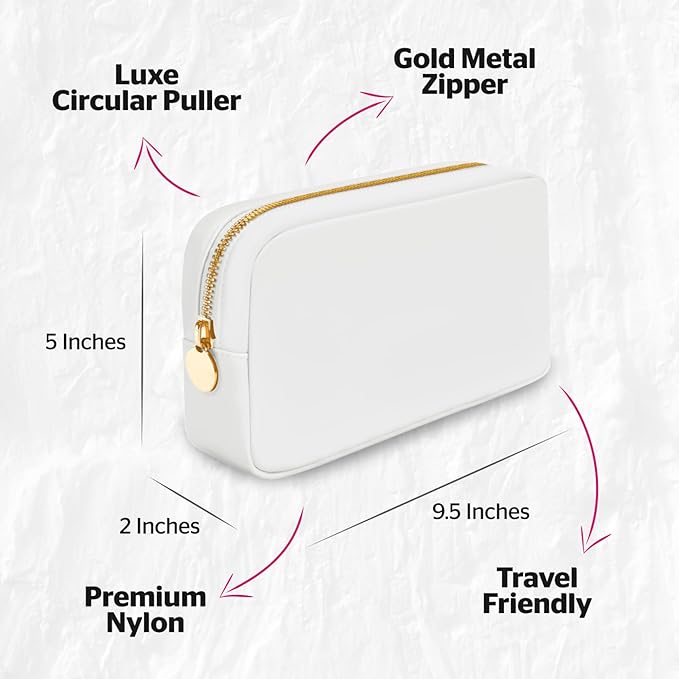 DANCOUR Small Makeup Bag, White, 9.5in x 2in x 5in, Nylon with Gold Zipper, Water Resistant, Multi-Use