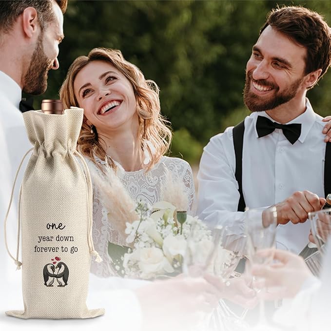 BARREEMO Gifts for First Anniversary for Couple Parents Husband Wife Vow Renewal Gifts One Year Down Forever to Go 1 year Wedding Anniversary Wine Gift Bag