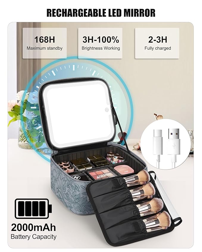 Relavel Travel Makeup Bag With LED Mirror for Women, Butterfly