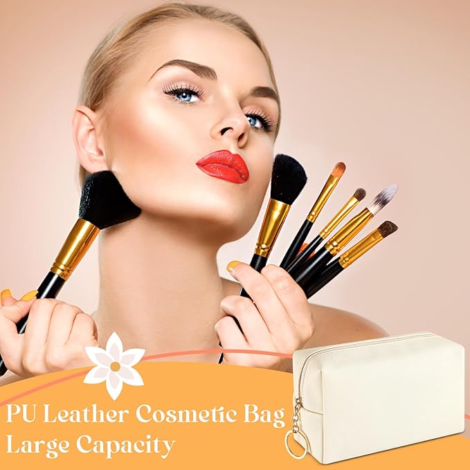 Chunful 24 Pcs Preppy Makeup Bag PU Leather Cosmetic Bag Bulk Makeup Plain Pouch Waterproof Toiletry Purse for Women Traveling Preppy Pencil Case Valentine's Day Gifts(Beige)