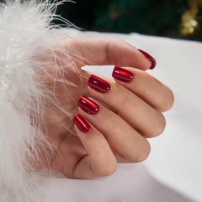 BTArtbox Press On Nails, Hot Love, Short Square, Red Cat Eye, 32Ct