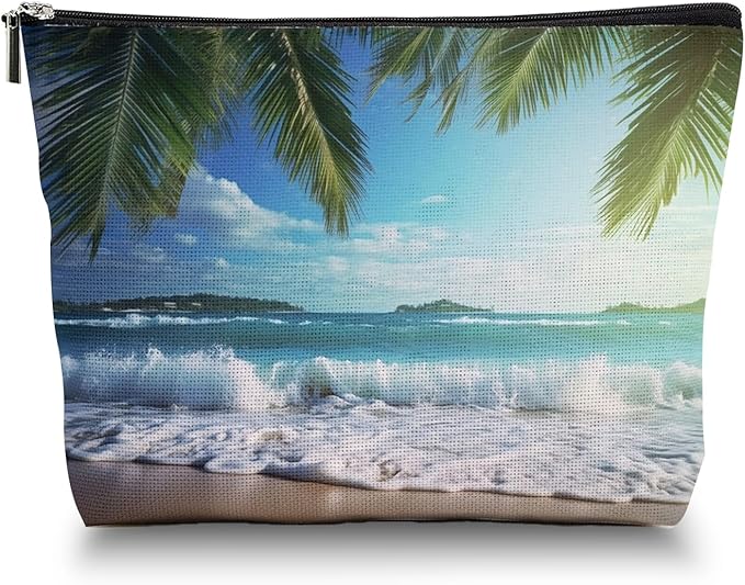 Scribesense Makeup Bag Travel Cosmetic Bags Small Makeup Case Waterproof Zipper Pouch for Women Girls 7X9inches - Tropical Beach Scenery with Palm Trees