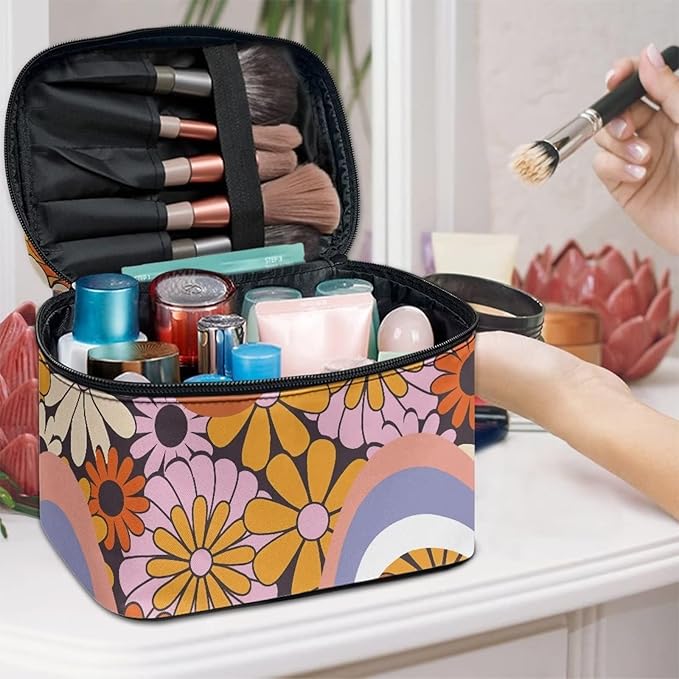 Drydeepin Hippie Daisy 70s 80s Wavy Swirl Design Makeup Bags for Women Large Capacity Toiletry Organizer Bags Portable Tote Cosmetic Pouch with Carry Handle and Brushes Slots Travel Sccessories