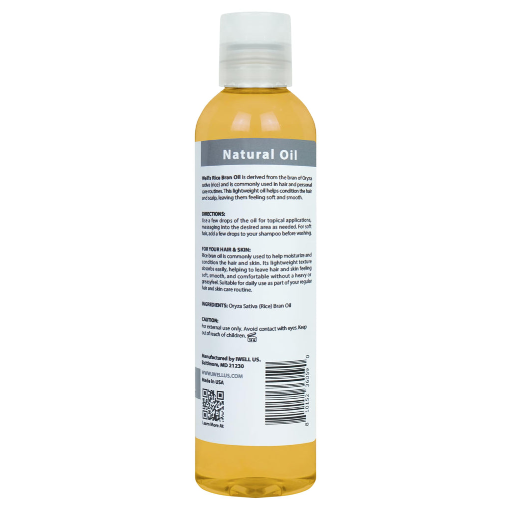 Well’s Oil Rice Bran Oil 8 oz | 100% Pure Rice Bran Oil (Carrier Oil) | For Skin & Hair | DIY Creams & Lotions