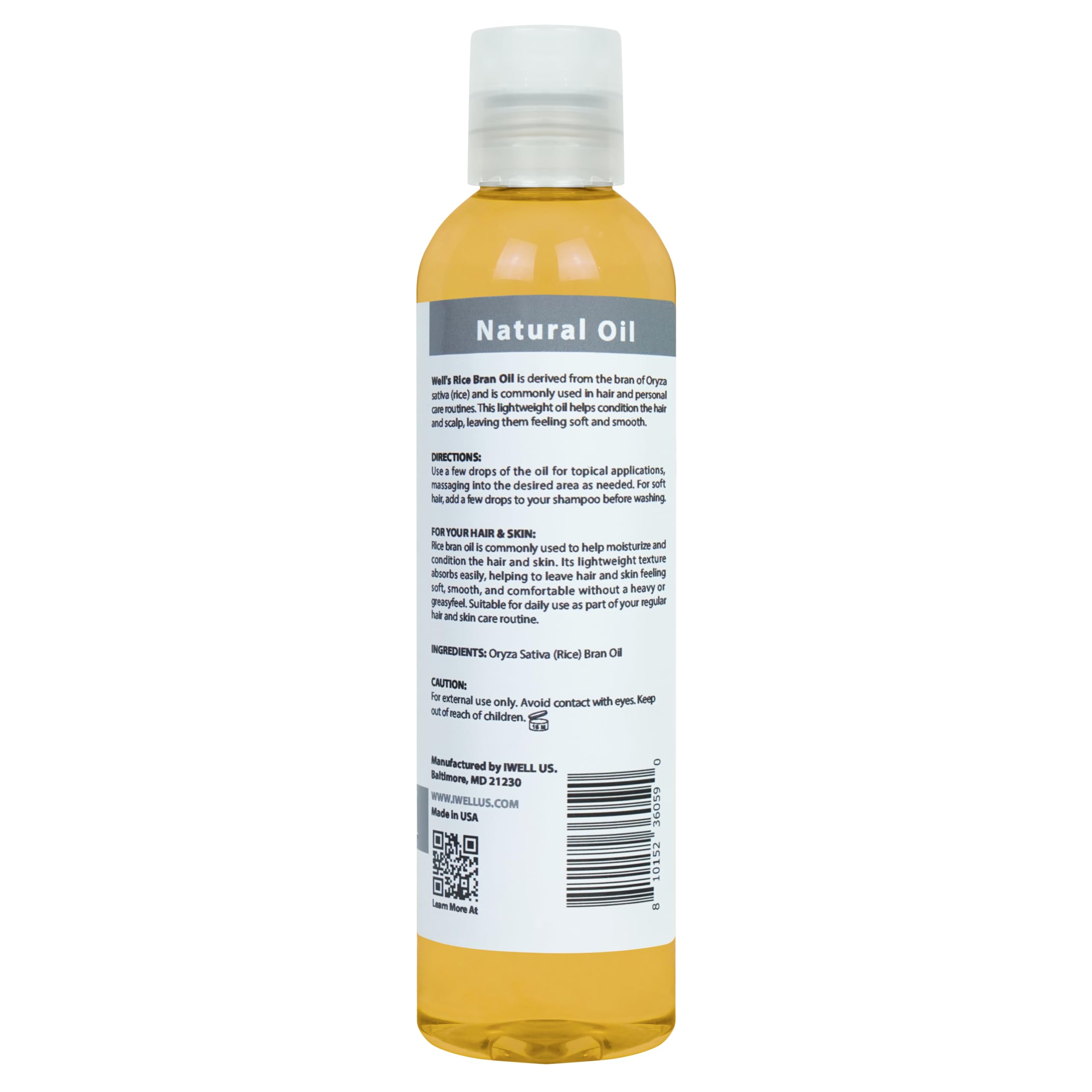 Well’s Oil Rice Bran Oil 8 oz | 100% Pure Rice Bran Oil (Carrier Oil) | For Skin & Hair | DIY Creams & Lotions