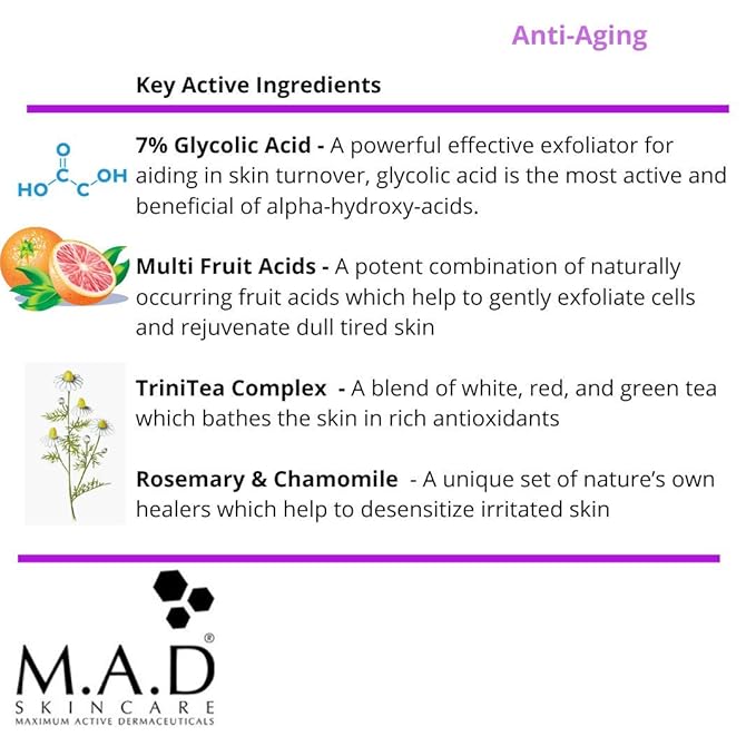 M.A.D Skincare Glycolic Face Toner - 7% AHA Skin Resurfacing Treatment for Age Spots & Firming - Deep Pore Minimizer & Hydrating Amino Acid Formula - Safe for All Skin Types - 6.75 fl oz