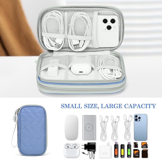FYY Electronic Organizer, Travel Tech Pouch, Cable Organizer Blue Quilted