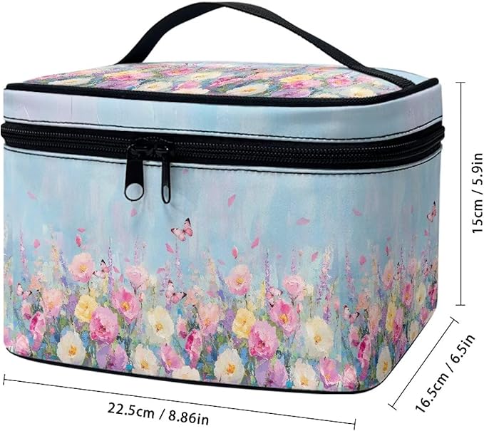 Drydeepin Butterfly Vibrant Rose Floral Print Travel Makeup Bags for Women Portable Tote Cosmetic Case with Carry Handle Toiletry Accessories Storage Organizer Bags