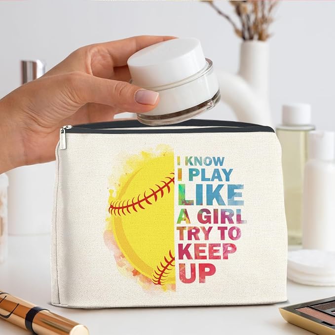 UPNEGE Inspirational Gifts for Women Softball Lovers Makeup Bag, Cosmetic Pouch With Zipper for Girls