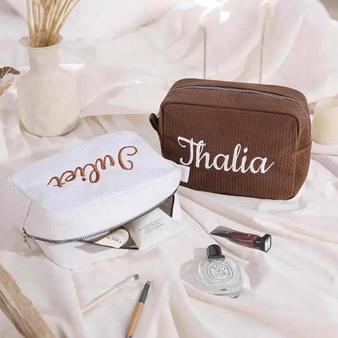 Personalized Embroidered Waffle Cosmetic Bags, Thicken Beauty Makeup Bag