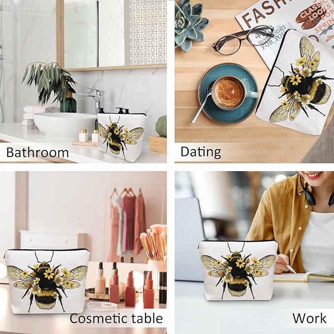 Kalygon Women Makeup Organizer Bag Bumblebee Bumblebee Honey Bee Sunflowers Yellow Flax Cosmetic Bag Makeup Bags Toiletry Bag Accessories Organizer Travel Bags For Home Bathroom Office Hotel Gym
