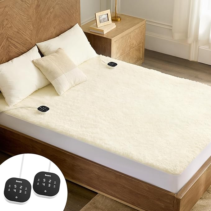 Bwarm Multi-Zone Heated Mattress Pad Queen Wool Electic Mattress Pad, Touchscreen Bed Warmer with 9 Heat Settings, 1-12 Hours Auto Off Memory Deep Pocket,Machine Wash White Queen 60" x 80"