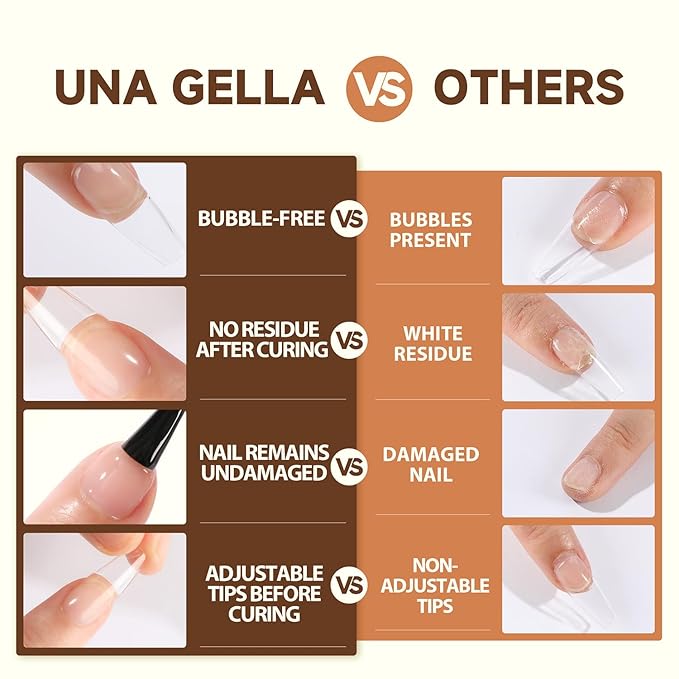 UNA GELLA 6 in 1 Gel Nail Glue for Clear Acrylic Nails Tips, 15ml U V Nail Glue Long Lasting Super Strong Brush for Base Coat, Clear Fake Nails, and Soft Gel Tips Lamp Curing Required