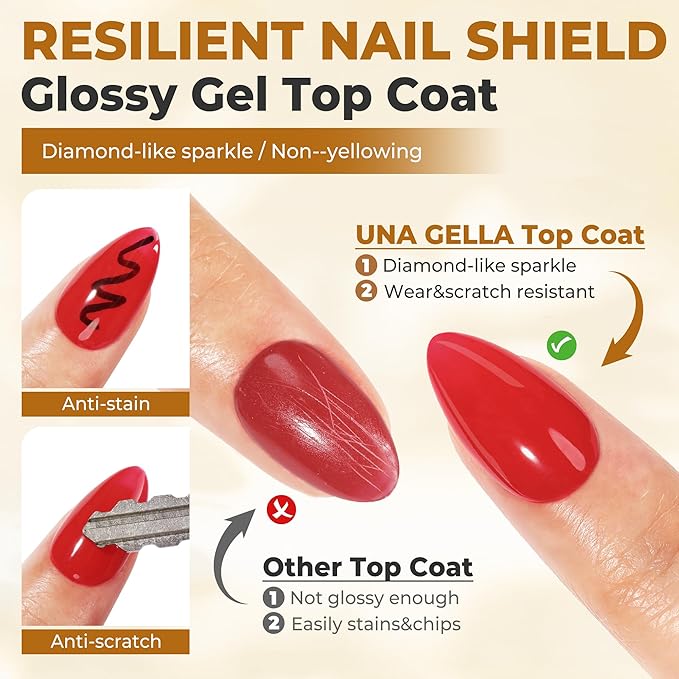 UNA GELLA No Wipe Gel Top Coat Base Coat Set, 2PCS Highly Glossy Top Coat Gel Nail Polish Strengthen and Acid-Free Clear Nail Base Soak Off, Key to Manicure for Her (U V Cure Need)