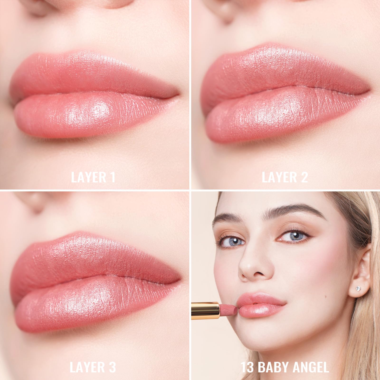 Oulac Light Pink Lipstick for Women with Metallic 3D Shine Lightweight Hydrating Formula, High Impact Lip Color, Vegan Beauty, Full Coverage Lip Makeup, Christmas Gifts for Women, Baby Angel(13)