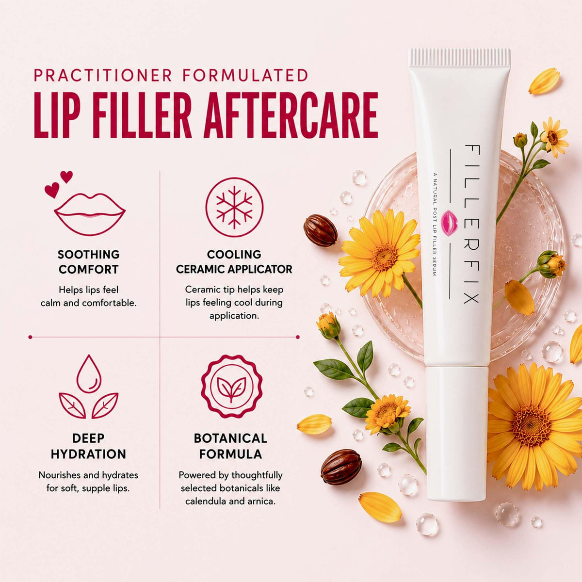 FillerFix Arnica Lip Balm for Lip Filler Aftercare, Botanical Post-Injection Care, Cooling Ceramic Applicator, with Calendula, Jojoba, Argan & Castor Oils