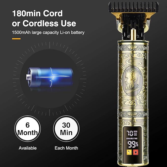 Hilandkom Men's T-Blade Hair Clippers, Waterproof & Low Noise, Professional Hair Trimmer, USB Quick Charge & LED Display, Ergonomic All Metal Design