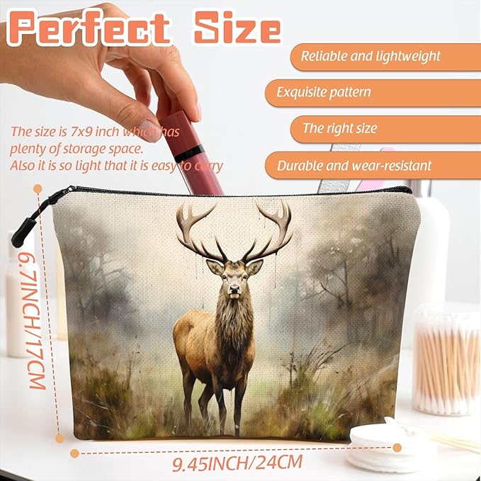 Scribesense Cosmetic Bags Travel Makeup Toilet Case Waterproof Pouch for Women Girls 6.7X9.45inches - Stag in A Misty Forest Landscape