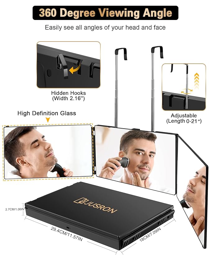 JUSRON 360 Viewing Angle Self Hair Cutting Mirror, Clear Anti-Fog HD Glass (Without LED)