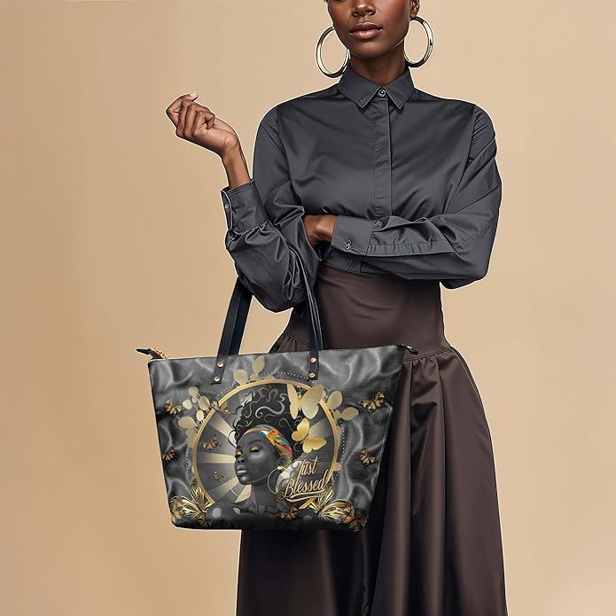 Afroyla African Black Women's Leather Tote Bag, Large Size, Premium Leather, Perfect Presents For Women (Barakaya, Premium Vegan Leather)