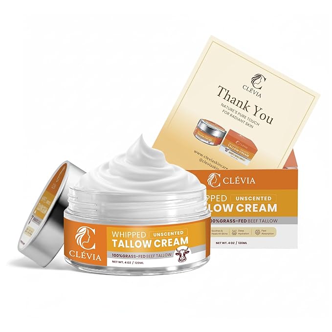 CLÉVIA 100% Grass-Fed Whipped Tallow Cream - 4 OZ Anti-Wrinkle Face and Body Balm with Jojoba Oil Non-Comedogenic - Deep Hydration for Dry, Sensitive and Irritated Skin (Unscented)