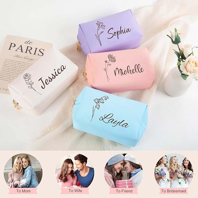 Fincekoom Personalized Makeup Bag with Name & Birth Flower, Custom Leather Cosmetic Bags for Women, Customized Travel Toiletry Bag Gifts for Bridesmaid Wedding