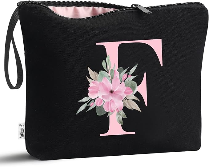 Vavabox A-Z Personalized Makeup Bag, Birthday Gifts for Women Mom, Gifts for Best Friend, Bride Bridesmaid Cosmetic bag (F, 02-Black)