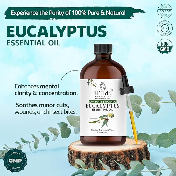 TRATAK ORGANICS 100% Pure Natural Undiluted Eucalyptus Essential Oil (4oz) Premium Therapeutic Grade Aromatherapy