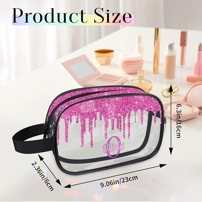KFNHN Custom Name Transparent Makeup Bag Travel, Clear Toiletry Bag Travel Large Capacity PVC Cosmetic Container Organizer for Shampoo, Deep Pink Water Fluid Shape Glittering