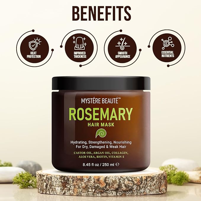 MYSTÉRE BEAUTÉ Rosemary Deep Conditioning Hair Mask for Dry Damaged Hair and Growth with Collagen Argan Oil - Rosemary Oil Leave in Conditioner aceite de romero puro y natural 8.5 fl oz x 2 Pack