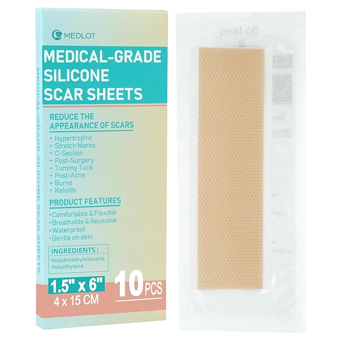 MEDLOT Silicone Scar Sheets, 10pcs, Silicone Tape for Scar Treatment, Reusable Scar Strips for Surgical, C-Section, Keloid Bump, Stretch Marks, Burn, Acne Scar Removal, Each 1.5” x 6”
