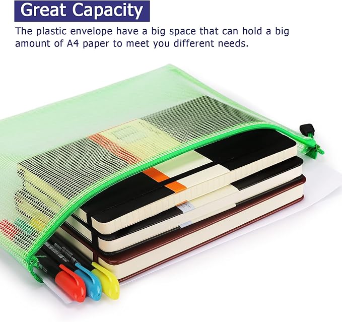 6 Pack Mesh Zipper Pouch Bags, Waterproof Zipper Pouch A4 Size