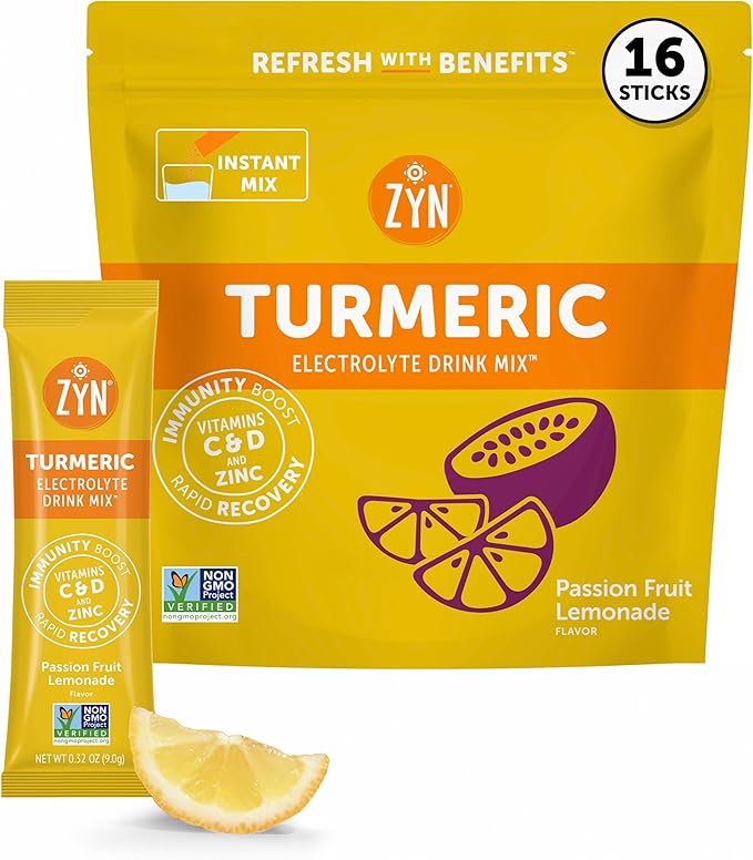 ZYN Electrolyte Drink Mix Hydration Packets, Passion Fruit Electrolytes Powder, Hydration Packets w/Turmeric Curcumin, Vitamin C & D, Zinc, Hydrate & Recover Electrolyte Powder, Pack of 16