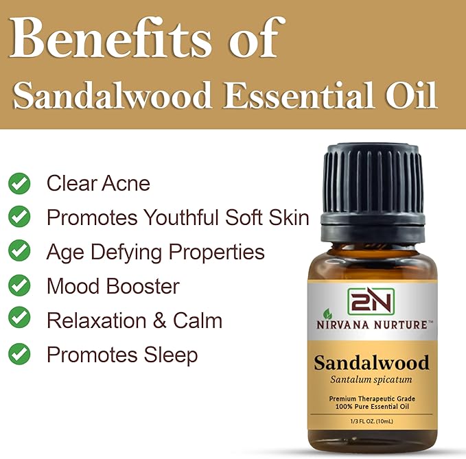 Nirvana Nurture Sandalwood Essential Oil, 100% Pure Undiluted, Aromatherapy Oil for Diffuser, Hair & Skin Care