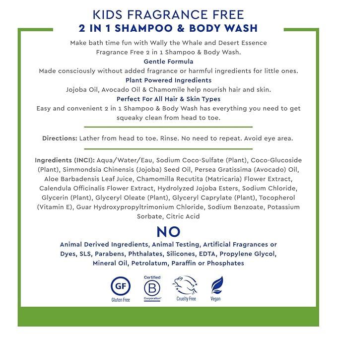 Desert Essence Kids Fragrance Free 2-in-1 Shampoo & Body Wash, Gentle Cleanser for Children’s Hair and Skin, Tear-Free Bath Wash for Kids, 12 fl oz